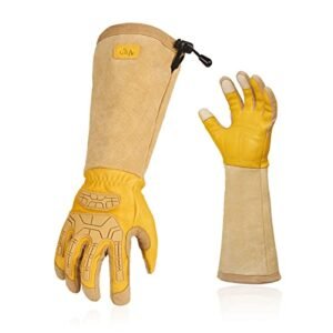 Vgo... Safety Work Gloves Men,Extra-long Cuff Thornproof,Premium Cow Grain Leather,Anti-abrasion, Anti-Impact,Gardening (1 Pair,Size L, Gold, CA9659)