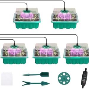Seed Starter Tray with Grow Light, 5 Pack Plant Germination Kit with Timer Setting & 5 Dimmable Levels, Humidity Adjustable Greenhouse Trays with Domes for Seeds Growing Starting