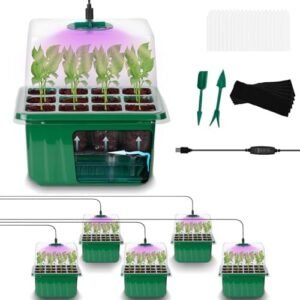 Self-Watering Seed Starter Tray - Kit with Grow Light and Humidity Dome, 6-Pack 72-Cell Plant Seedling Tray,Reusable Plastic Germination Trays for Indoor Gardening Seeds Growing Starting