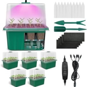 Seed Starter Tray, 5 Pack 60 Cells Indoor Seed Starter Kit with Grow Lights, Humidity Dome & Lids, Reusable Plant Seedling Tray Mini Greenhouse Gardening Germination Trays for Seeds Growing Starting