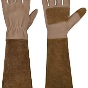 HANDLANDY Long Gardening Gloves for Men & Women, Cowhide Leather Rose Pruning Gloves- Breathable & Durable Gauntlet Gloves (Medium, Brown)