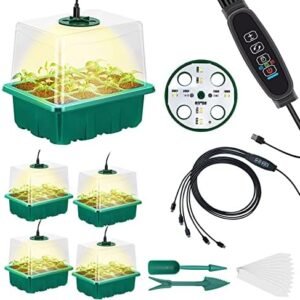 Seed Starter Tray 5 Packs Seedling Starter Trays with Grow Light 8 LEDs, Timer, Dimmable, Seed Starting Trays Kit with Humidity Dome (60 Cells) Indoor Gardening Plant Germination Trays