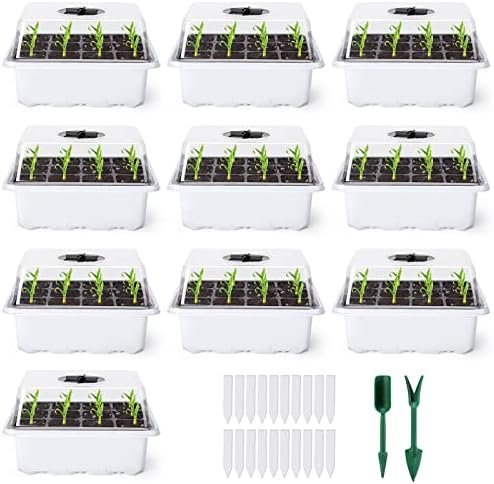Delxo 10-Pack Seed Starter Kit Seedling Starter Tray (12 Cells per Tray) Humidity Adjustable Plant Germination Kit Garden Seed Starting Tray with Dome and White Base Plus Plant Tags Hand Tool Kit