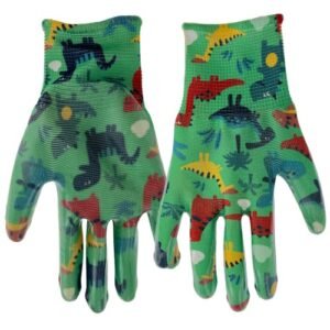 Simply Kids (ages 5-8) Garden Gloves, Nitrile Coating, Lightweight, High Dexterity, Moisture Wicking, Green/Dino Pattern (MD31041M)
