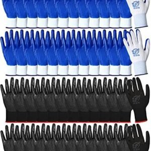 48 Pairs Gardening Gloves for Men Women Rubber Coated Work Gloves Garden Gloves Safety Work Gloves Construction Gloves (Blue, Black)