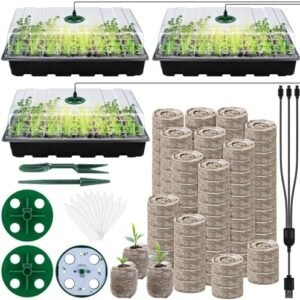 3 Pack Seed Starter Tray Kit with Grow Light Germination Trays with Humidity Dome, 120 Peat Pellets, Gardening Tools, Plant Labels, Plant Growing Trays for Seeds Growing Starting, Black