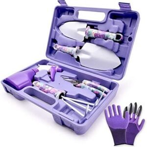 6 Pieces Garden Tools Set Planting Tools, Non-Slip Handle with Anti-Rust Trowel, Cultivator, Pruning Shear, Water Sprayer and Carrying Case, Gloves with Claws