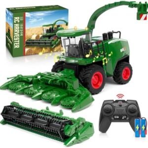 Remote Control Combine Harvester Tractor Toy, 1/24 Scale RC Harvester Toys for Kids with 2 Grian Heads/2 Rechargeable Batteries/Light, Farm Toys for 4 5 6 7 8 9 Year Old Boys Birthday Gift