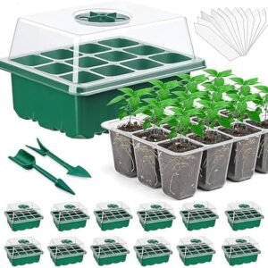 Seed Starter Tray Kit, 12 Packs Seedling Starting Trays with Humidity Dome and Base, Reusable 144 Cells Plant Germination Trays for Mini Greenhouse Propagator Indoor Garden