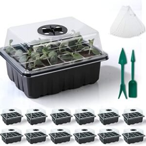 JERIA 12 Packs 144 Cells Seedling Starter Trays,Seed Starter Tray Seed Starter Kit with Humidity Adjustable Dome,Plant Germination Trays and Plant Starter Kit for Seeds Growing Starting (Black)
