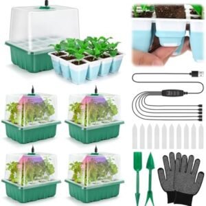 Seed Starter Tray with Grow Light, 60 Flexible Cells 5 PCS Seed Starter Kit, Reusable Seedling Starter Trays with Humidity Dome & High Lid, Germination Trays for Indoor Greenhouse Seed Starter