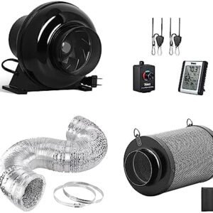 iPower 4 Inch 230 CFM Inline Fan Vent Blower, Air Carbon Filter, 8 Feet Ducting, Speed Controller Rope Hanger and Temperature Humidity Monitor for Grow Tent Ventilation Exhaust, HVAC Heating Cooling