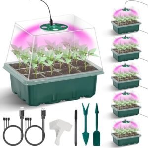 Suntee Seed Starter Tray with Grow Light, 6 Pack Seed Starting Kit with 72 Cells and Heightened Lid, Thicken Seedling Starting Trays Seed Growing Plant Germination Kit for Greenhouse & Garden (Green)