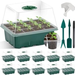 Suntee 10 Pack Seed Starter Tray, 120 Cells Seed Starter Kit with Humidity Dome, Heightened Lids Seedling Starting Trays Reusable Mini Greenhouse Germination Kit for Seeds Growing (Green)