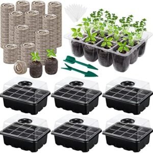 6 Pack 12-Cells Seed Starter Tray Kit with Humidity Dome and Base, Germination Tray Including Peat Pellets, Plant Labels, Tool, Plastic Plant Seedling Starter Trays for Indoor Outdoor, Black