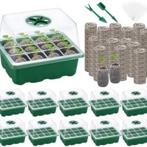 10 Sets Seed Starter Tray Kit Seed Starter Trays with Humidity Dome and Base Include 120 Peat Pellets 200 Plant Labels Garden Tools Plant Germination Tray Set for Indoor Outdoor Planting, Green