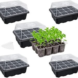 Bonviee 5-Pack Seed Starter Tray Seedling Kits,Plant Starter Kit with Adjustable Humidity Dome and Base Indoor Greenhouse Mini Propagator for Seeds Growing Starting (12 Cells per Tray,Black)