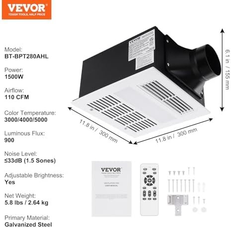 Bathroom Exhaust Fan, 1500W Heating, 110 CFM High-Efficiency Ventilation, 1.5sones Low Noise Operation, Remote Control, Energy-Saving Bathroom Ceiling Fan, Attic Access Needed - Image 7