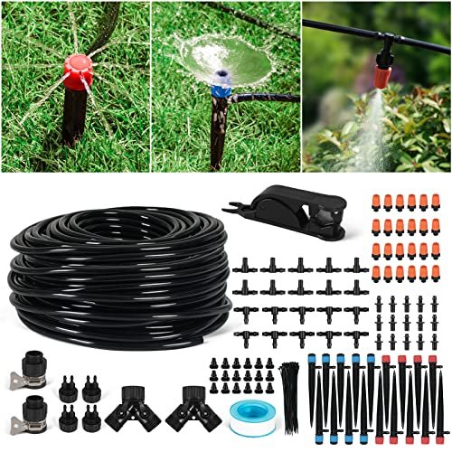 Drip Irrigation Kit, 200FT/60M Garden Irrigation System, Automatic Irrigation System with Drip Irrigation Emitters Sprinkler Nozzle for Greenhouse, Patio and Lawn
