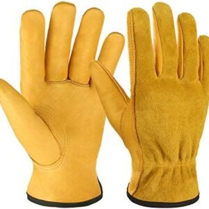 OZERO Leather Work Gloves Flex Grip Tough Cowhide Gardening Glove for Wood Cutting/Construction/Truck Driving/Garden/Yard Working for Men and Women 1 Pair (Gold,Medium)