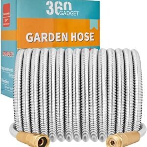 Garden Hose Metal - 50ft Heavy Duty Stainless Steel Water Hose with 8 Function Sprayer & Metal Fittings, Flexible, Lightweight, No Kink, Puncture Proof Hose for Yard, Outdoors, Rv