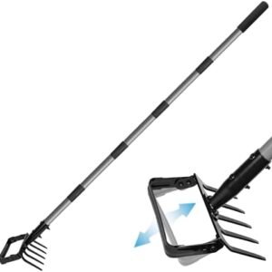 Stirrup Hoe and 5-Tines Rake, Action Hoe for Weeding, 2 in 1 Scuffle Hoe with 82 inch Adjustable Metal Handle, Hula Hoe Cultivator for Loosening Soil, Loop Hoe for Garden Weeding and Planting