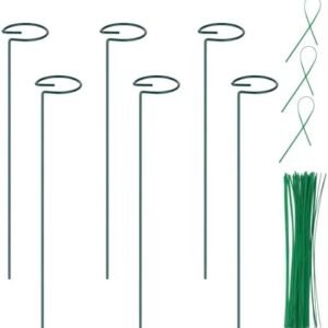 6 Pack Plant Support Stakes, 16 inch Plant Support Rings with 50 Pcs Plant Twist Ties, Single Stem Plant Support Stakes for Plant Flowers, Amaryllis, Rose, Orchid, Peony, Lily, Tomatoes, Vegetable