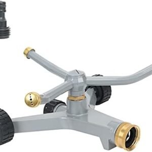STYDDI Metal Rotating Water Sprinkler for Lawn, Heavy Duty Metal 3-Arms Whirling 360 Degree Automatic Rotary Lawn Sprinkler with Wheeled Base for Small Lawn and Garden, Yard, Cover up to 1,384 Sq. ft.