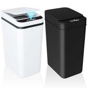 2Pack Bathroom Small Trash Can with Lid, 2.2 Gallon Touchless Automatic Garbage Can Slim Waterproof Motion Sensor Smart Trash Bin for Bedroom, Office, Living Room(Black/White)