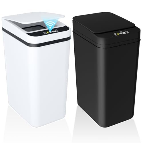 2Pack Bathroom Small Trash Can with Lid, 2.2 Gallon Touchless Automatic Garbage Can Slim Waterproof Motion Sensor Smart Trash Bin for Bedroom, Office, Living Room(Black/White)