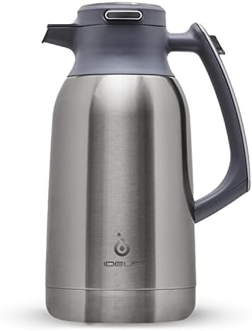 IDEUS 68 oz Stainless Steel Thermal Coffee Carafe, Double Wall Insulated Vacuum Flask, Water Coffee and Beverage Dispenser, 12 Hour Heat 24 Hour Cold Retention, Silver