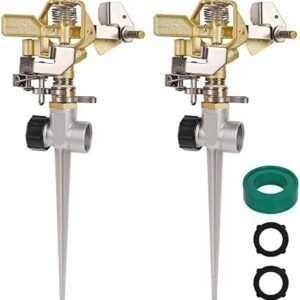 Biswing 2 Pack Brass Impact Sprinklers with Stand (Spike), Heavy Duty Lawn Head on Zinc Alloy Spike Base, Adjustable Watering Sprinkler for Large Area Grass Yards Patio Garden Irrigation