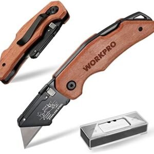 WORKPRO Folding Utility Knife with Stainless Steel Head, Quick-change Blade & Back Lock, Wood Handle Heavy Duty Box Cutter, 1PC Razor Knife with Extra 10PC SK5 Blades