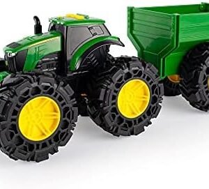 John Deere Monster Treads Tractor Toy with Wagon Toys with Lights and Sounds - Monster Truck Tires - Toddler Toys Ages 3 Years and Up,Red,Green