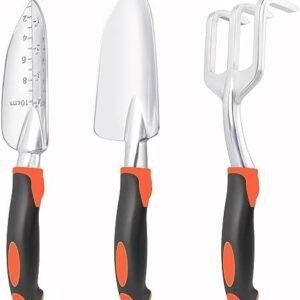 Garden Tools Set, 3 Pack Heavy Duty Gardening Tools Set Include Garden Shovel, Transplant Trowel and Hand Rake with Ergonomic Non-Slip Handle, Aluminum Alloy Lawn for Planting, Orange