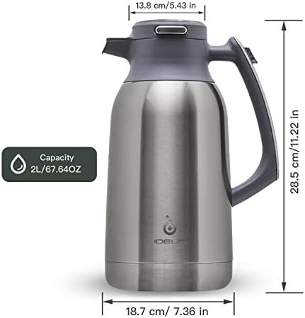 IDEUS 68 oz Stainless Steel Thermal Coffee Carafe, Double Wall Insulated Vacuum Flask, Water Coffee and Beverage Dispenser, 12 Hour Heat 24 Hour Cold Retention, Silver - Image 5