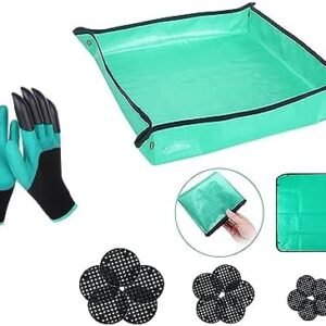 Plant Repotting Mat for Indoor Plants,39.4" X 39.4" Waterproof Plant Potting Foldable Garden Mat,with Gardening Gloves and 15 Pieces Pot Hole Mesh Pads