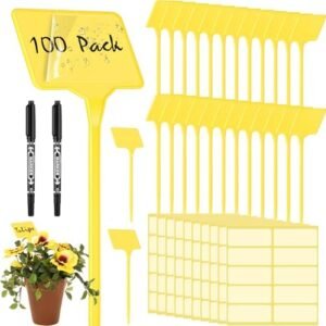 Marsui 202 Pcs Large Plant Labels Kit, Include 100 Outdoor Plastic Plant T Type Tags Waterproof Reusable Plant Markers Stakes, 100 PET Films and 2 Marker Pens for Herbs Pot (Yellow,6 Inch)