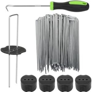 50pcs Garden Stakes, 8 Inch Landscape Staples, 11 Gauge U Shaped Galvanised Landscape Pins With 50pcs Washers, Heavy Duty Garden Nails for Drip Irrigation Tubing, Securing Weed Barrier Fabric