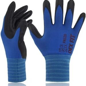 DEX FIT Premium Nylon Work Gloves FN320 - Firm Nitrile Grip, 3D-Comfort Stretchy Fit, Thin & Lightweight, Protective & Durable, Breathable, Machine Washable; Blue 9 (L) 3 Pairs