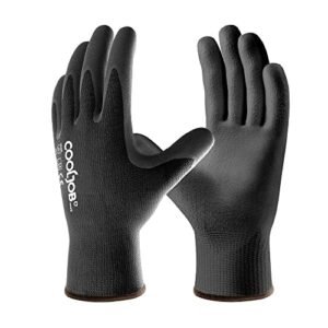 COOLJOB 12/60 Pairs Bulk Safety Work Gloves with Grip, 13 Gauge Ultra-lite PU Dipped Gloves Pack for Gardening, Warehouse Working, Polyurethane Breathable Lightweight Glove for Men Women, Black Medium