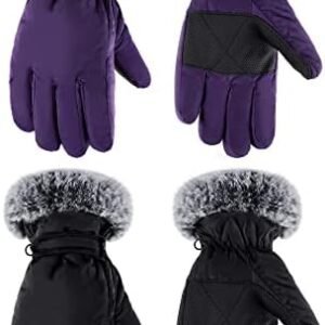 Bencailor 2 Pair Winter Ski Gloves for Women Men Youth Waterproof Gloves Faux Fur Warm Gloves Windproof Snow Gloves for Skiing Anti Slip Gloves
