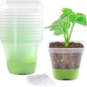 12 Packs 4 Inch Square Plastic Nursery Pots, Clear Plant Pot with Soft Silicone Base for Easy Transplant, Flower Pots with Drainage Holes, Reusable Seedling Pots Starter Pots