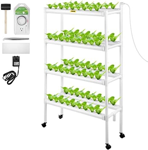 Hydroponics Growing System, 72 Sites 8 Food-Grade PVC-U Pipes, 4 Layers Indoor Planting Kit with Water Pump, Timer, Nest Basket, Sponge, for Fruits, Vegetables, Herbs, White