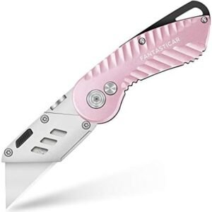 FantastiCAR Folding Utility Knife, Box Cutter Plume Type Metal Body, with Safety Lock and 5-Piece Extra Blades (Pink)