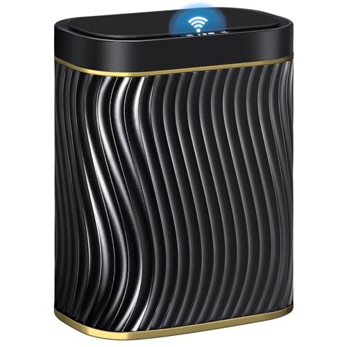Bathroom Small Trash Can with Automatic Touchless Lid, 2.6 Gallon Smart Garbage Can Narrow Waterproof Trash Bin for Bedroom, Office, Living Room (Black) (Glod Black)
