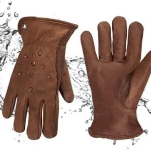 Men's Water Resistant Leather Driver Work Gloves, Waterproof Black Cowhide Leather Work Gloves