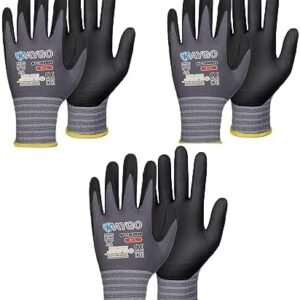 KAYGO Safety Work Gloves MicroFoam Nitrile Coated-3 Pairs, KG18NB,Seamless Knit Nylon Glove with Black Micro-Foam Nitrile Grip,Ideal for General Purpose,Automotive,Home Improvement,large