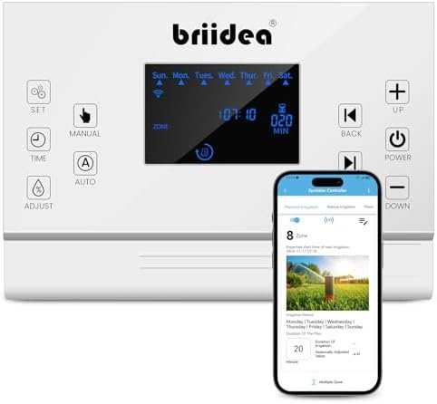 8 Zones WiFi Smart Sprinkler Controller, Briidea Automatic Irrigation Controllers with Customized Watering Schedule & Seasonal Adjustment, Save Water and Keep Your Plants Thrive