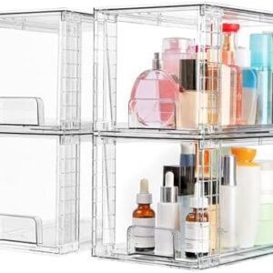 Vtopmart 4 Pack Large Stackable Storage Drawers,Clear Acrylic Drawer Organizers with Handles, Easily Assemble for Bathroom,Kitchen Undersink,Cabinet,Closet,Makeup,Pantry organization and Storage